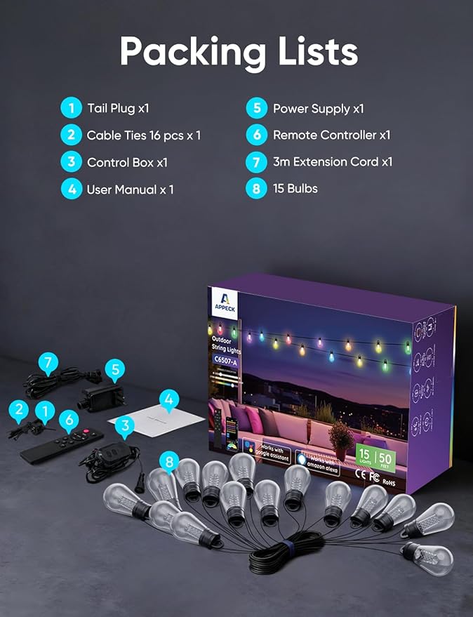 APPECK Smart Outdoor String Lights, 50ft RGBW Outdoor Patio Lights with 15 LED Bulbs, Extendable, 111 Scene Modes, IP65 Waterproof Lighting for Outside, Halloween Decor, Compatible with Alexa