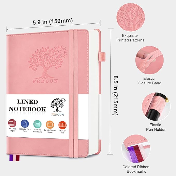 Lined Journal Notebook for Men & Women, 160 Pages College Ruled Journal for Writing, A5 Hardcover Leather Notebooks for Work, School, Business, Travel, Daily Diary 5.9" x 8.5" - Pink