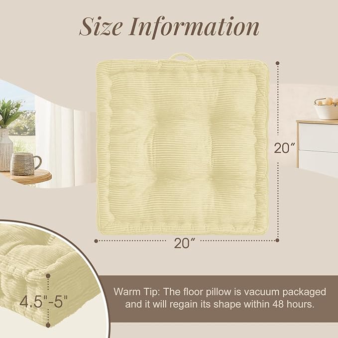 Wellsin Square Floor Pillows for Adults Kids - Meditation Floor Pillow Seating Cushion - Tufted Floor Cushion with Shredded Foam & Velvet Cover, 1 Pack, 20x20 Inch, Beige