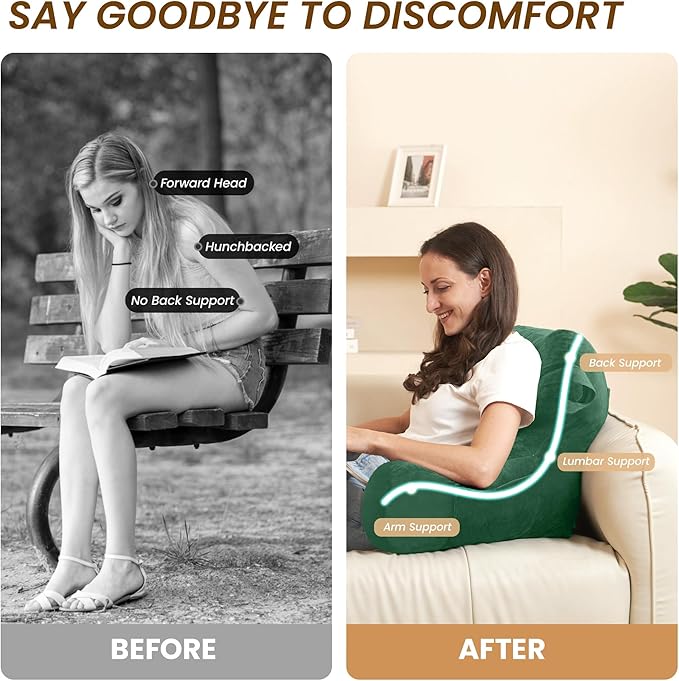 Portable Comfy Reading Pillows for Bed Sitting Up(Green Oeko-Tex), Velvet Back Pillow with Arms & Pockets for Adults, Support Memory Foam Bed Pillow for Dorm/Reading/Watching/Gaming