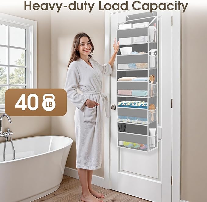 2 Pack Over The Door Organizer, Hanging Storage Organizer with Clear Window, 40lb Ultra Sturdy Large Capacity Room Organizer for Pantry Laundry Bathroom Nursery Closet (Grey)