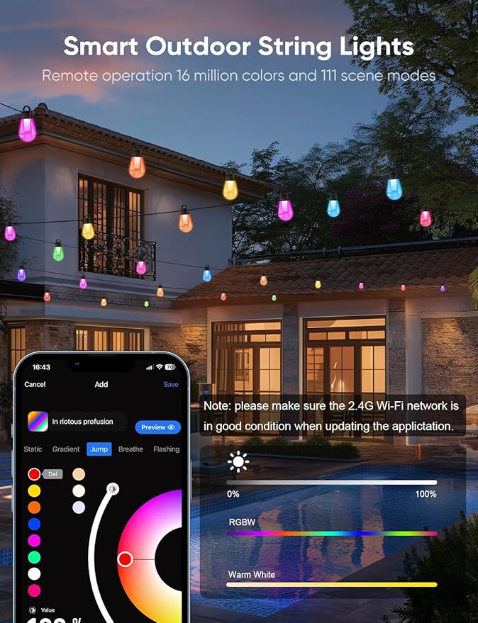 APPECK Smart Outdoor String Lights, 150ft Smart RGBW Outdoor Patio Lights with 45 LED Bulbs, Extendable, 111 Scene Modes, IP65 Waterproof Lighting for Outside, Halloween Decor, Compatible with Alexa