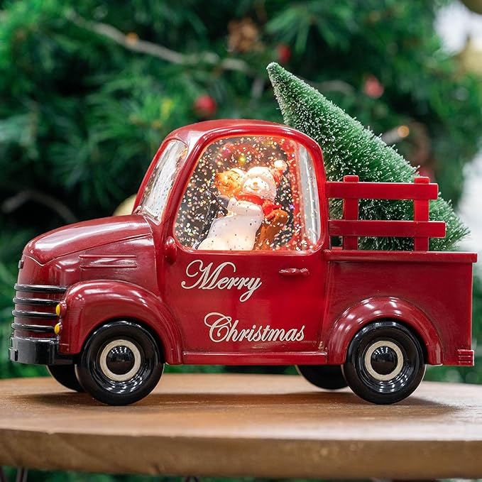 Xindian Musical Red Truck Snow Globe with Swirling Glitter, Snowman & Dog, Carrying Christmas Tree, Spinning Water Lantern for Christmas Decor