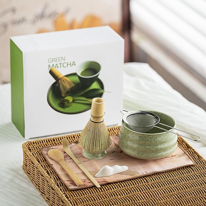 8 Pcs Matcha Whisk Set, Ceramic Matcha Whisk Holder, Ceramic Bowl with Spout, Matcha Ceremony Accessory, Home Kitchen Decor Tea Gifts for Birthdays, Halloween and Christmas (Greenish Color)