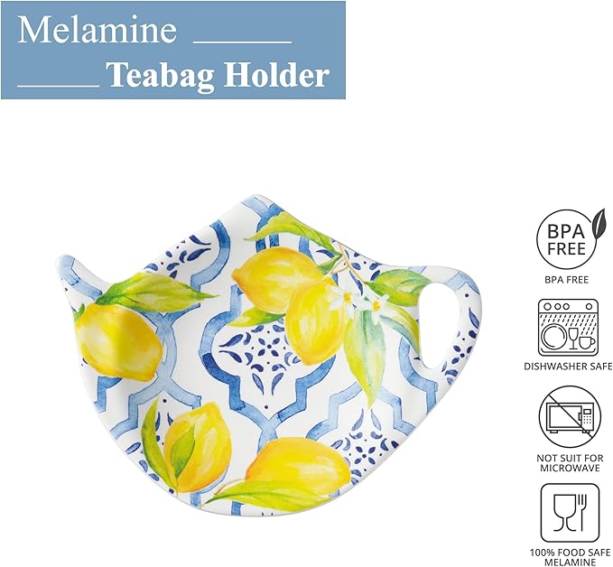 Supreme Housewares Lovely Lemon Tea Bag Holders, Teapot Shaped Tea Bag Coasters Spoon Rests Saucer Seasoning Dish Set, Blue and Yellow, 4 x 3 Inch, Set of 4