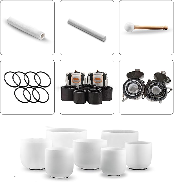 Ryan Dvan 432Hz 7-12 Inch 7 Chakra Crystal Singing Bowl Set Frosted Quartz Crystal Sound Therapy Kit with Suede Mallets 2 Travel Cases O-Ring Tool for Yoga Meditation Energy Balancing Reiki Healing
