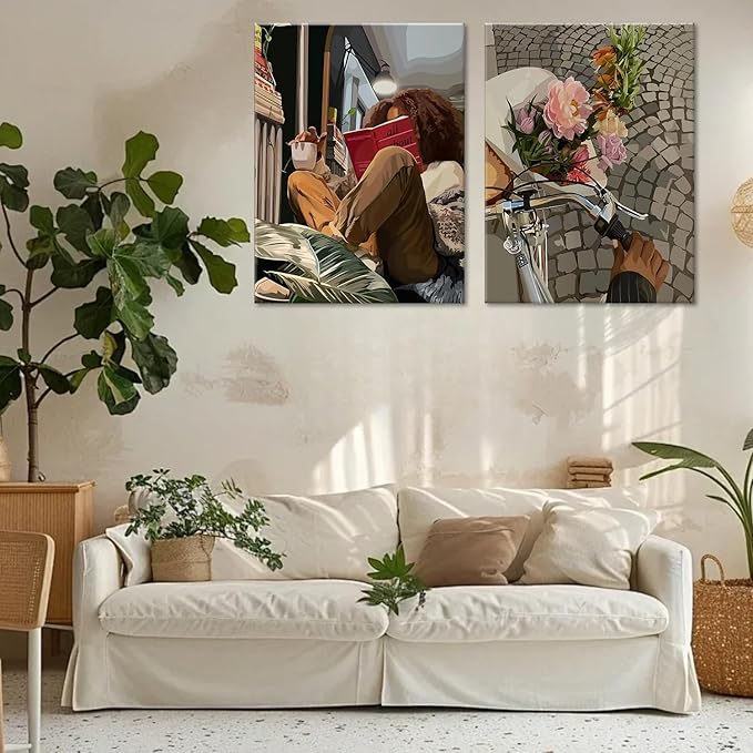 Modern African American Women Wall Art Set of 2,Cozy Reading & Bike Ride with Flowers Painting Canvas Prints,black woman Vintage Aesthetic Poster for Living Room, Bedroom, Office， Framed 16X24in