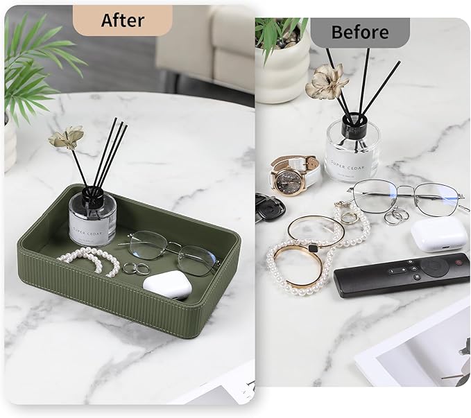 PU Leather Valet Tray Organizer, Modern Nightstand Organizer Bedside Desktop Storage for Womens and Men, Decorative Perfume Trinket Catchall Vanity Tray for Key Watch Wallet (Green)