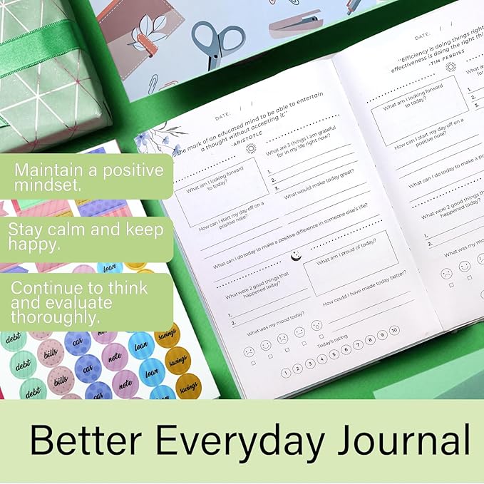 Gratitude Journal, Daily Reflection Journal for More Happiness, Mindfulness & Affirmation, Self Care Journals for Women & Men, 6 Inspirational Stickers and Ballpoint Pen, Green