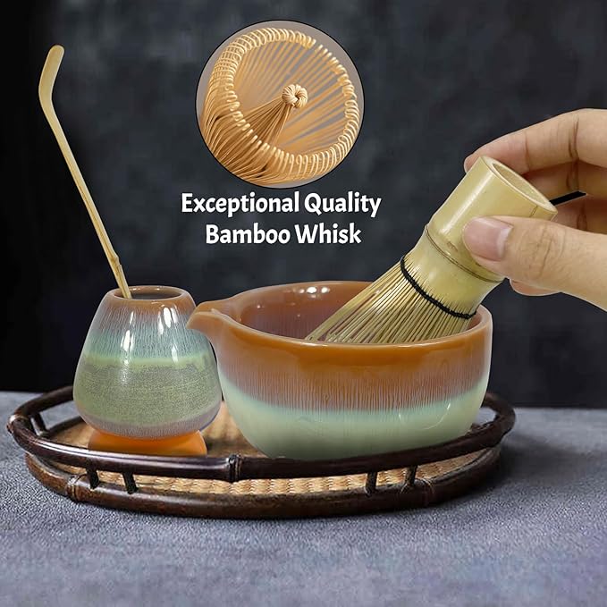 Matcha Whisk Set 6 pc Kit - Traditional Japanese Chasen, Bamboo Whisk Holder, Ceramic Bowl with Spout, Sifter & 2 pc Spoons - matcha kit set, Gift for Matcha Tea Lovers (Gradient Orange)