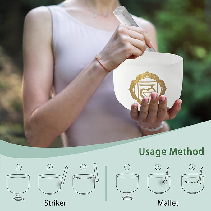 Ryan Dvan 432Hz 7-12 Inch 7 Gold Chakra Design Crystal Singing Bowl Set Frosted Quartz Crystal Sound Therapy Kit with Mallets 2 Cases O-Ring for Yoga Meditation Energy Balancing Reiki Healing