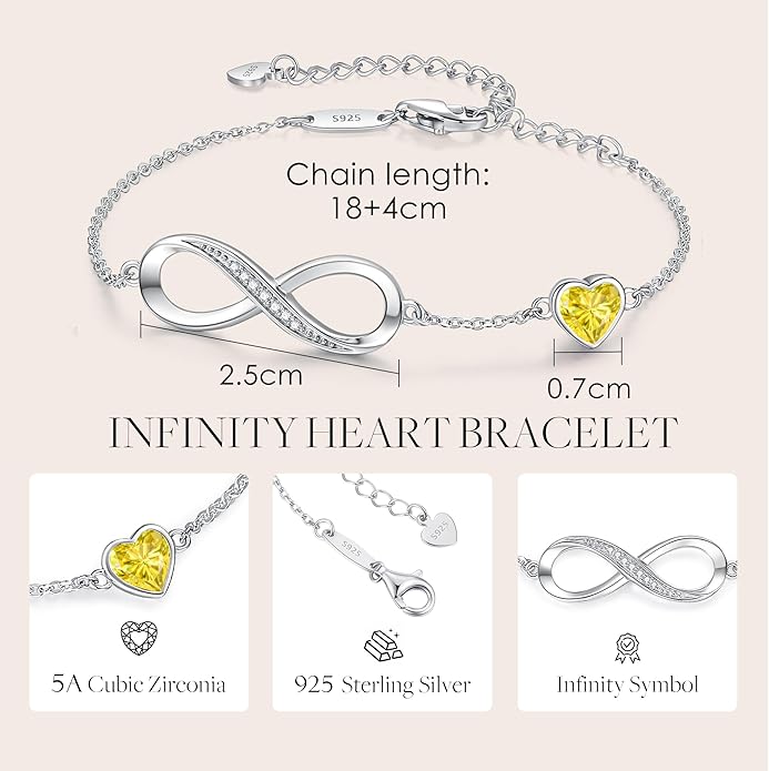 CDE Infinity Heart Birthstone Charm Link Bracelet for Women 925 Sterling Silver Adjustable Mother's Day Gift Anniversary Birthday Jewelry for Wife Girlfriend Her