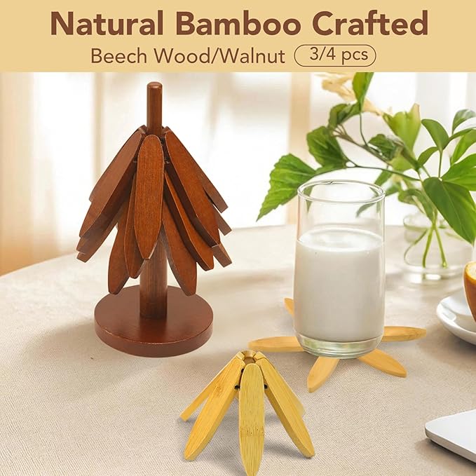 Tree Shape Bamboo TrivetKitchen Decor Tree shaped Holder Beech wood Foldable Design Hot Dishes, Pot, Teapot, Plates, Bowls (Walnut-4)