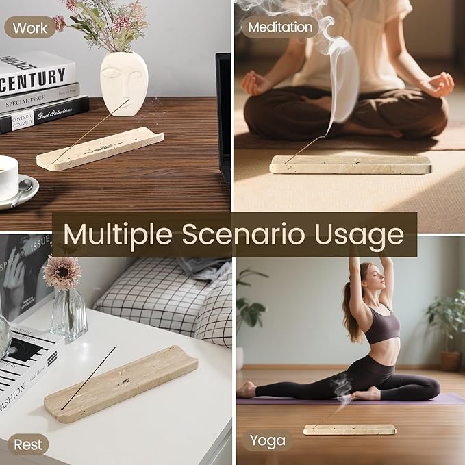 Koville Travertine Incense Holder, Incense Holder for Sticks, Long Incense Sticks Holder Ash Catcher for Meditation Yoga SPA, Natural Stone Incense Burner, Home Table Decor(Beige)