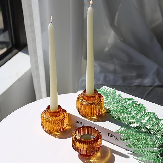 Woho Candlestick Holders Set of 8 for Taper/Votives/Tealight Candles, Amber Taper Candle Holders for Fall Wedding Decor, Ribbed Glass Candle Sticks Holder Decor for Dinner Table/Holiday Party