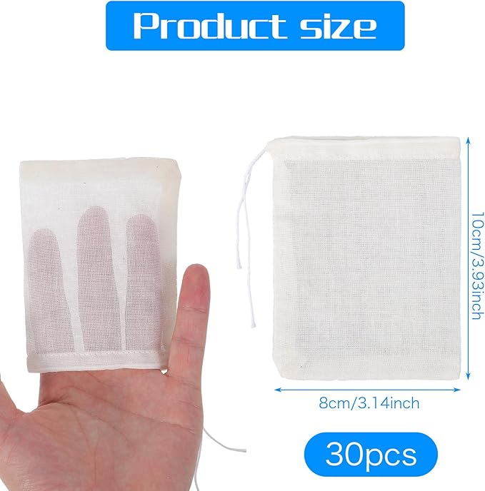 30Pcs Reusable Drawstring Muslin Bags, 3.94x3.15In Empty Spice Bags for Cooking, Tea Bag for Loose Tea, Natural Cotton Nut Milk Strainer Bag for Home Office Filtering Cook Soup Cold Brew Coffee