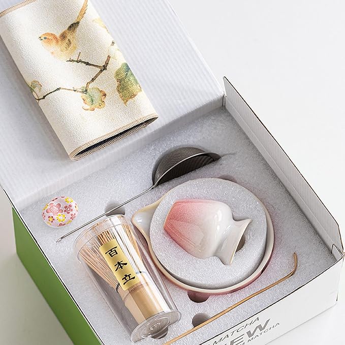 Ceramic Matcha Whisk Set, Complete Matcha Set-8PCS for Ceremonial Grade Matcha, Tea Gifts for Tea Lovers for Christmas, Birthday, Halloween (Cherry Blossom Pink)