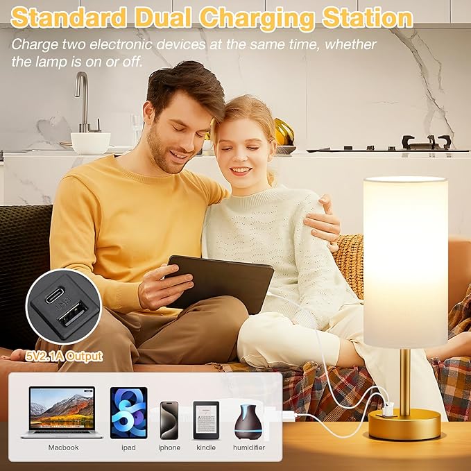Small Touch Bedside Lamp with USB - 3 Way Dimmable Table Lamp for Bedroom, Nightstand Lamp with Gold Charging Station for Desk Dorm, Office