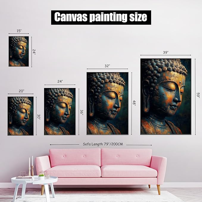 Buddha Statue Canvas Art, Zen Meditation Décor, Framed Print for Bedroom, Yoga Room, and Living Room (Gold Framed, 15"x24"|40x60cm)