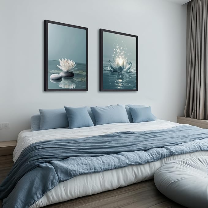 GELDSTEI Calm Zen Botanical Canvas Wall Art, White Lotus Blooming on Stones in Water Aesthetic Pictures, Yoga Spa Meditation Room Decor, Modern Spiritual Poster Prints for Zen Wood Framed 16"x24"x3