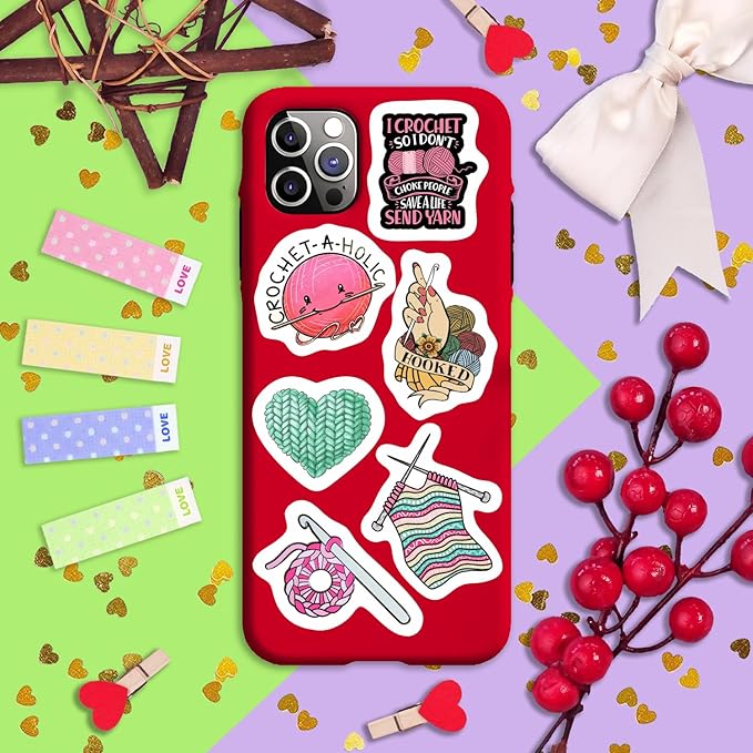 BulbaCraft 100Pcs Crochet Stickers and Knitting Stickers for Water Bottle and Laptop - Waterproof Vinyl Yarn Decals Laptop Decals, Gifts for Women & Men