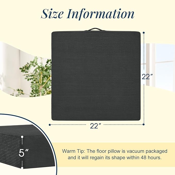 Wellsin Solid Square Floor Pillows for Adults Kids - Large Meditation Floor Pillow Seating Cushion with Thick Foam & Washable Velvet Cover, 2 Pack, 22x22x5 Inch, Gray