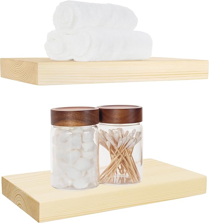 BGMG Wood Floating Shelves 16 inch, Wide Rustic Wooden Wall Shelves for Bathroom Living Room Bedroom Kitchen Farmhouse Set of 2-16x 6.7 x1.25 inch- DIY-Unfinished
