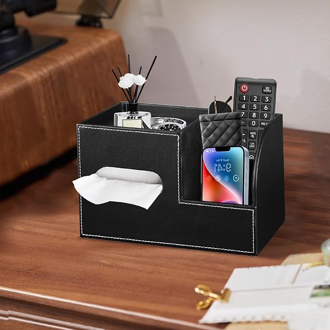 Leather Square Tissue Box Cover with Storage Tray,Cube Tissue Box Holder,Modern Facial Paper Organizer with Remote Control Holder for Bathroom,Vanity Countertop,End Table NightStand Home Office.Black