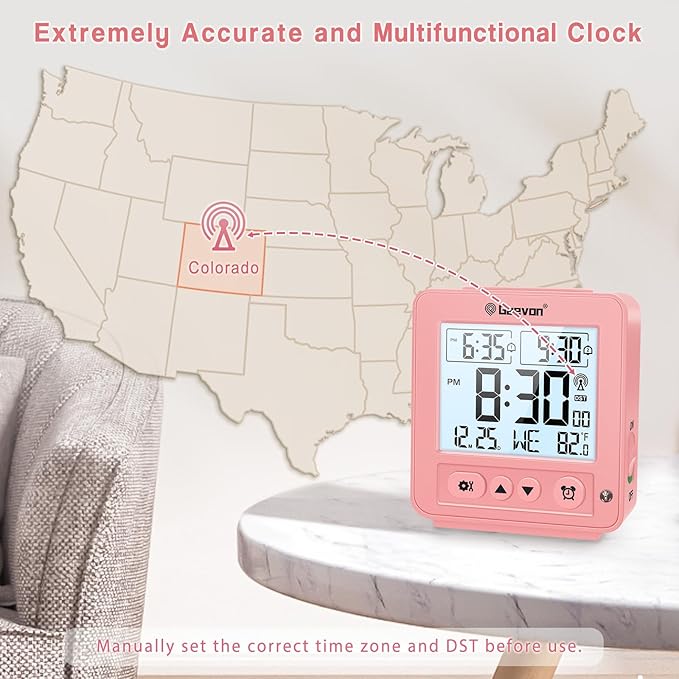 Geevon Small Digital Atomic Alarm Clock for Bedroom, Travel Table Clock with Auto/8s Backlight, 2 Alarm, Temperature, Desk Clock Battery Operated for Deep Sleepers Kids Elderly Home Office, Pink