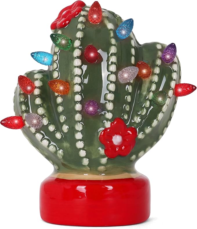 Milltown Merchants Ceramic Christmas Tree Night Light - Plugin Christmas Tree with Lights - Lighted Vintage Ceramic Tree - Mini Christmas Tree Decorative Night Light (Cactus)