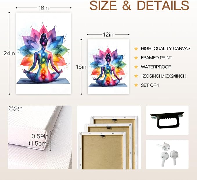 GELDSTEI Framed Zen Wall Art, Chakra Yoga Wall Decor, Colorful Meditation Poster Print, Spiritual Canvas Painting, Vibrant Meditating Woman Aesthetic Picture for Living Room Yoga Studio 16"x24"
