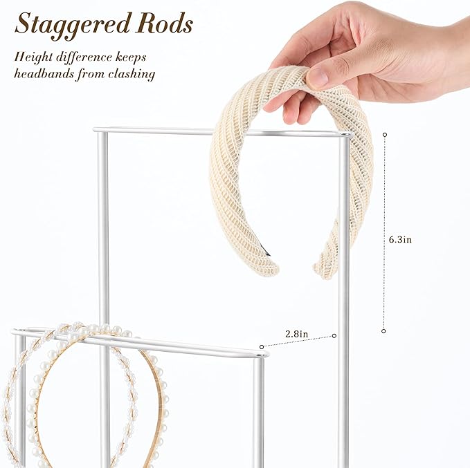 pickpiff Headband Holder Organizer Metal 2-Tier with Tray: Hair Accessories Display Stand Storage, Purse Charms Key Rings Rack Necklace Stand Home Bedroom for Girls Women, White