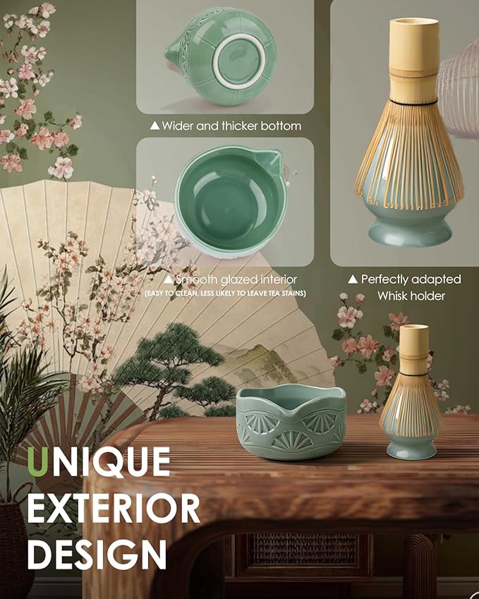 Matcha Whisk Set, Ceramic Matcha Set Includes Matcha Bowl with Spout, Matcha Whisk and Holder, Bamboo Scoop, Sifter and Tea Towel - 6 Pcs Matcha Kit Gift for Matcha Lovers (Green)