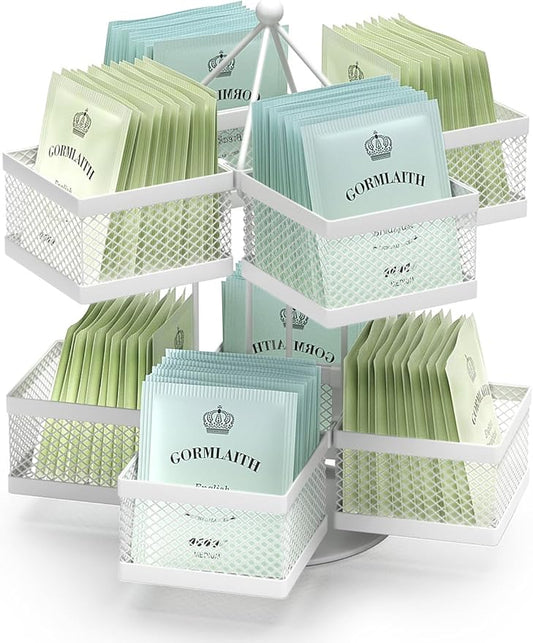 VOGWOLTH Tea Bag Organizer, Tea Bag Storage Holder Spinning Carousel 96 Teabags Container, Lazy Susan Coffee Creamer Sweetener Tea Caddy for Kitchen Counter Cabinet Pantry Shelf Organizer