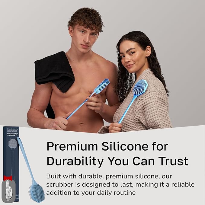 Silicone Back Scrubber with Long Handle - Octagon Body Brush for Shower, Bath, and Exfoliating - Skin Cleansing, Back Scrub and Gentle Silicone Sponge - Wash Your Body with Easy Reach - Blue