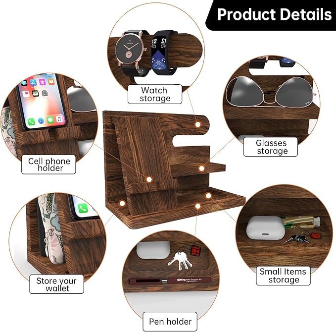 Birthday Gifts for Men Wooden Phone Docking Station Organizer Dad Birthday Nightstand Organizer Desk Wood Gifts Valentines Day Gifts