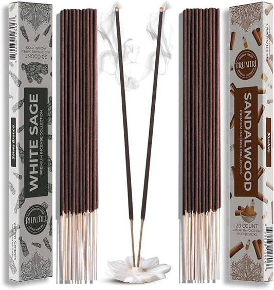 Trumiri Incense Sticks - Combo Pack of 40 Insence-Sticks - 20 White Sage + 20 Sandalwood - Insenses - Insents - Incents - Inscense - Incence - Incienso - All Natural Incense Sticks