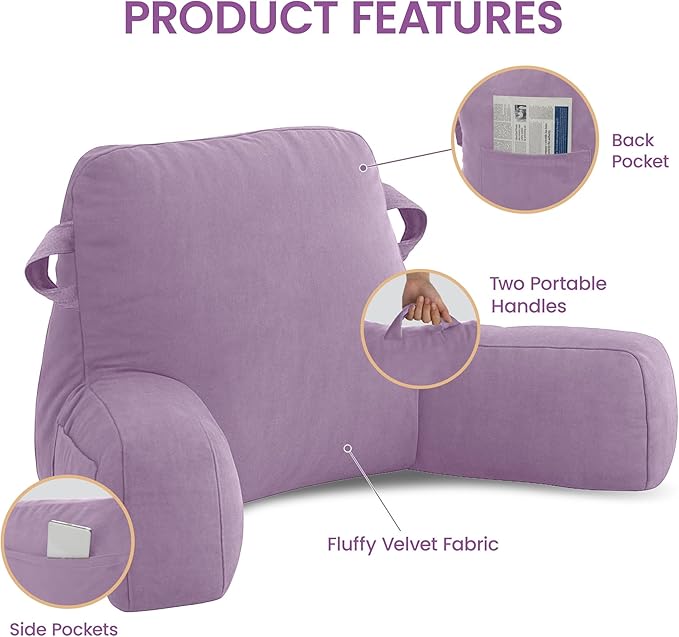 Portable Comfy Reading Pillows for Bed Sitting Up(Lavender Purple Oeko-Tex), Velvet Back Pillow with Arms & Pockets for Adults, Support Memory Foam Bed Pillow for Dorm/Reading/Watching/Gaming