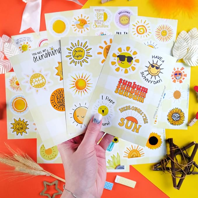 BulbaCraft 100Pcs Small Sunshine Stickers, Sun Stickers and Decals for Laptop and Water Bottles, You are My Sunshine Decals and Party Favors, Sun Birthday Party Decorations, Gifts for Women & Men