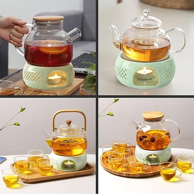 Teapot Warmer, Ceramic Teapot Heater with Cork Cushion Coffee Tea Warmer for Glass, Stainless Steel, Ceramic Teapot and Other Heatproof Dish Warming Use, Green