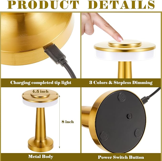 VIHOSE 8 Pcs Gold Cordless Table Lamps LED Portable Rechargeable Table Lamp with Touch Sensor 3 Color Dimming up to 15 Hours Battery Desk Light for Restaurant Nursery Living Room