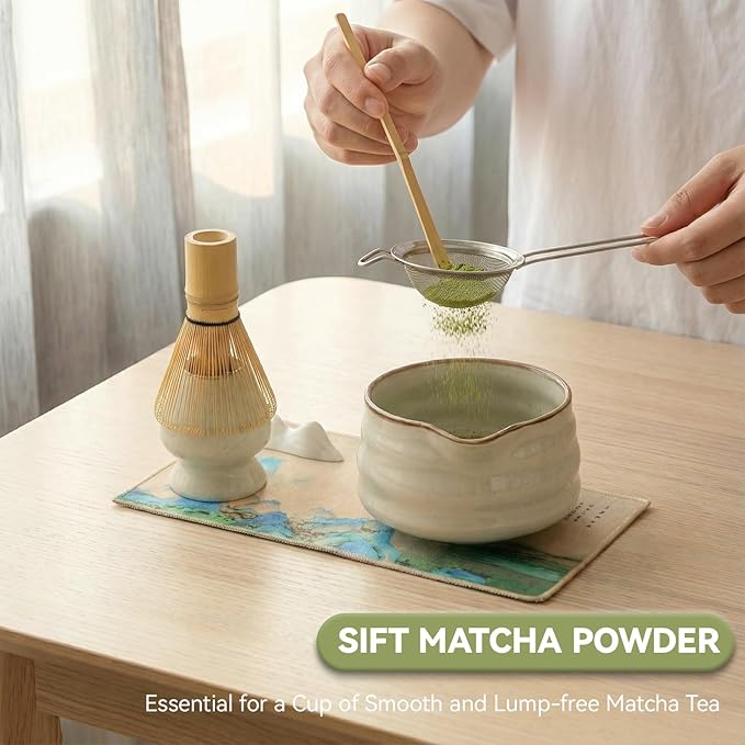 Matcha Whisk Set, Ceramic Matcha Set Includes Matcha Bowl, Matcha Whisk Chasen and Whisk Holder, Sifter, Bamboo Scoop, Scoop Rest and Tea Towel-7 Pcs Matcha Kit for Matcha Lovers, Misty Gray