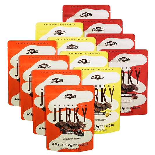 Mourish Mushroom Jerky, Plant Based Meatless Jerky, Variety Pack, Low Fat, High-Fiber Protein Mushroom Vegan Snacks for Outdoor, Travelling, Office, School, 12 Pack