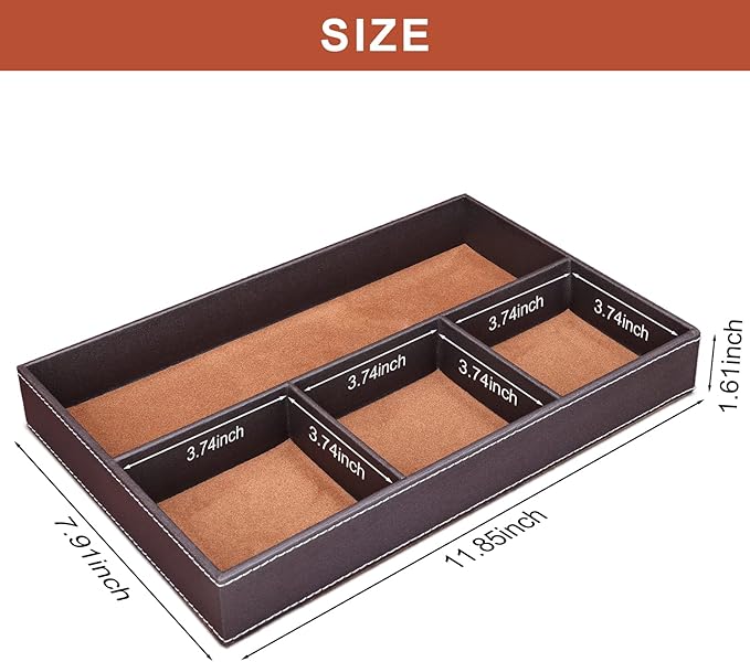 GORESE 2 Pieces Faux Leather Valet Tray for Men, Stackable Jewelry Trays for Drawers, Mens Dresser Top Organizer for Key, Wallet, Sunglass, Watch, Coin, Phone, Nightstand Bedside Tray Brown