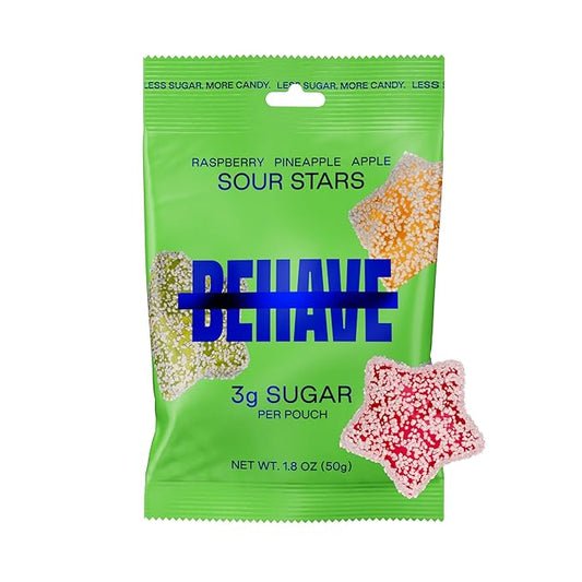 BEHAVE Low Sugar, Low Carb Gummy Candy | Healthy, High in Fiber, Keto & Diabetic Friendly Snack | Non-GMO, Gluten-Free, Dairy-Free, No Artificial Flavors or Sweeteners | Sour Stars, 1.8oz (1-Pack)