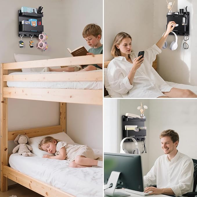 JUMEIHUI Bedside Wall Shelf with Glasses Hooks ，Adhesive Bedside Organizer Wall Mount for Dorm and Room Accessories Phone，Remote，Earphone， Kindle (Black)