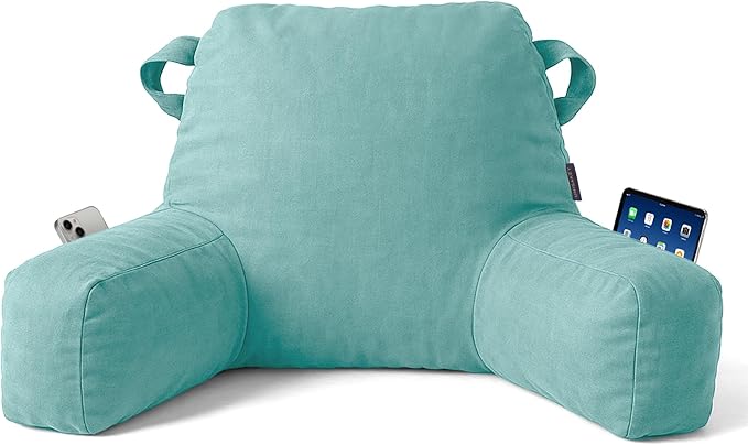 Portable Comfy Reading Pillows for Bed Sitting Up(Lake Blue Oeko-Tex), Velvet Back Pillow with Arms & Pockets for Adults, Support Memory Foam Bed Pillow for Dorm/Reading/Watching/Gaming