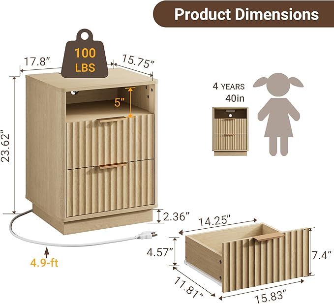 Fluted Nightstand with Charging Station, 18" Modern Farmhouse Night Stand, 2 Drawers End Table with Storage, Bedside Table for Bedroom Sofa Home Office, Curved Profile Design (Natural Oak)