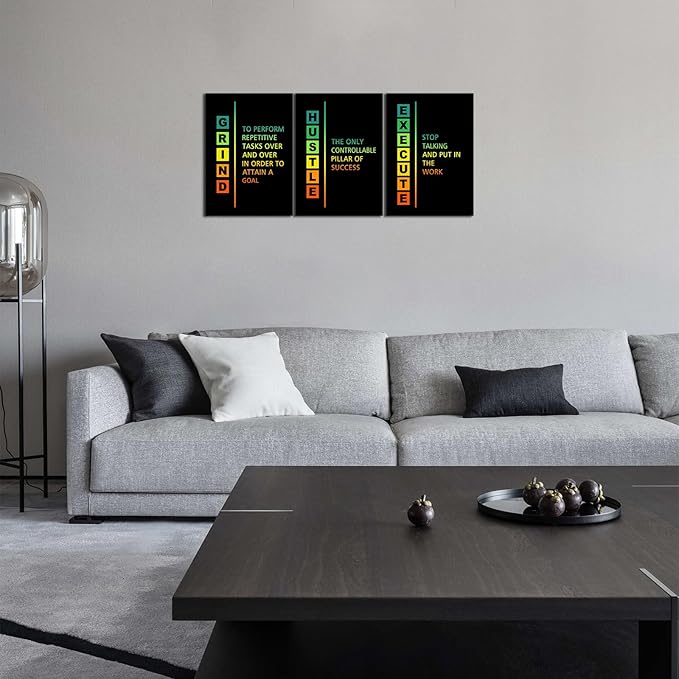KAWAHONE Motivational Canvas Wall Art, Hustle Grind Execute Wall Art Decor, Black and White Positive Motivational Poster Framed Inspirational Entrepreneurs Painting Prints Quotes Poster for Office Workplace