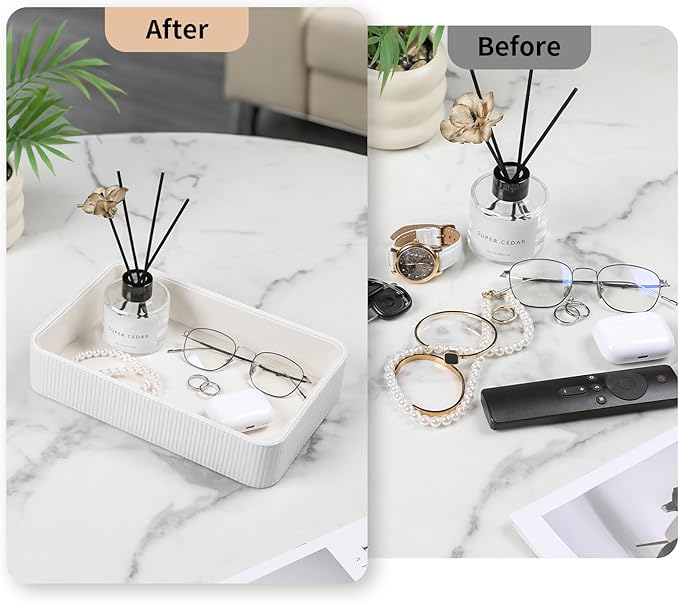 PU Leather Valet Tray Organizer, Modern Nightstand Organizer Bedside Desktop Storage for Womens and Men, Decorative Perfume Trinket Catchall Vanity Tray for Key Watch Wallet (White)